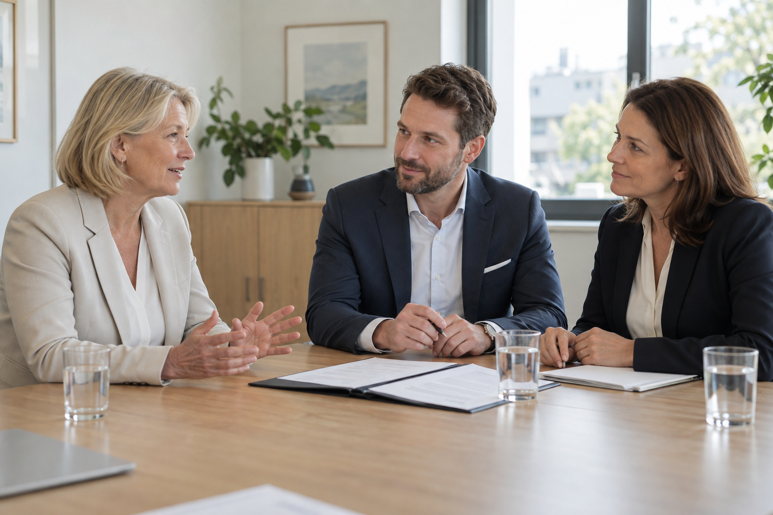 Drei Personen besprechen den Verkauf eines Unternehmens